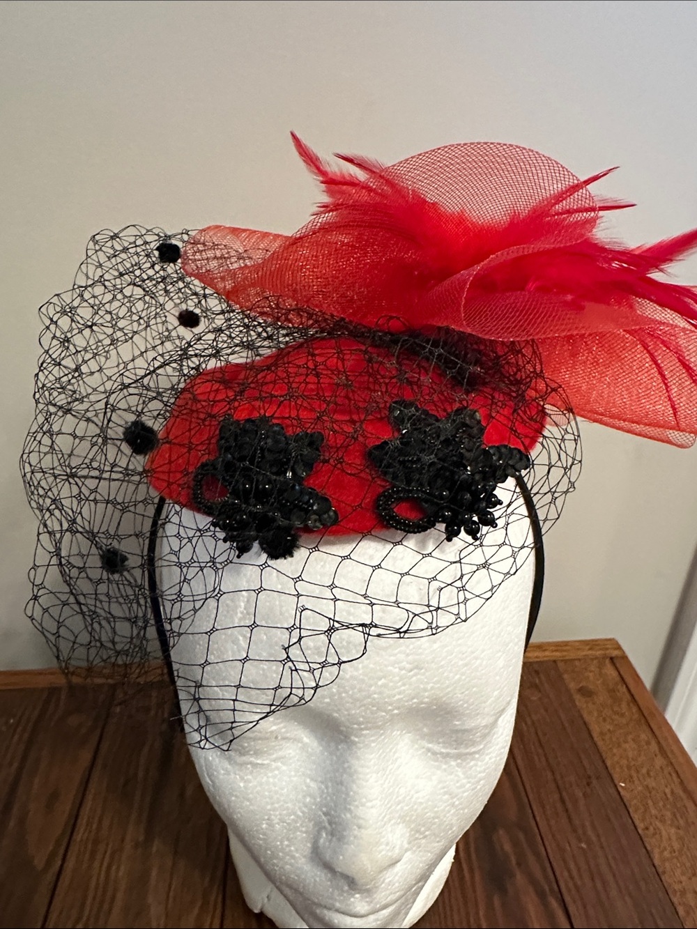 Fascinator Red Veiled Feather  Headband with Black Appliqué